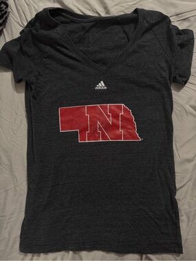 adidas Dark Gray V-Neck Tee with Red Nebraska 'N' Graphic
